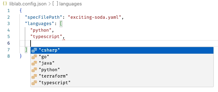 A liblab config file open in VS Code with the languages being autocompleted