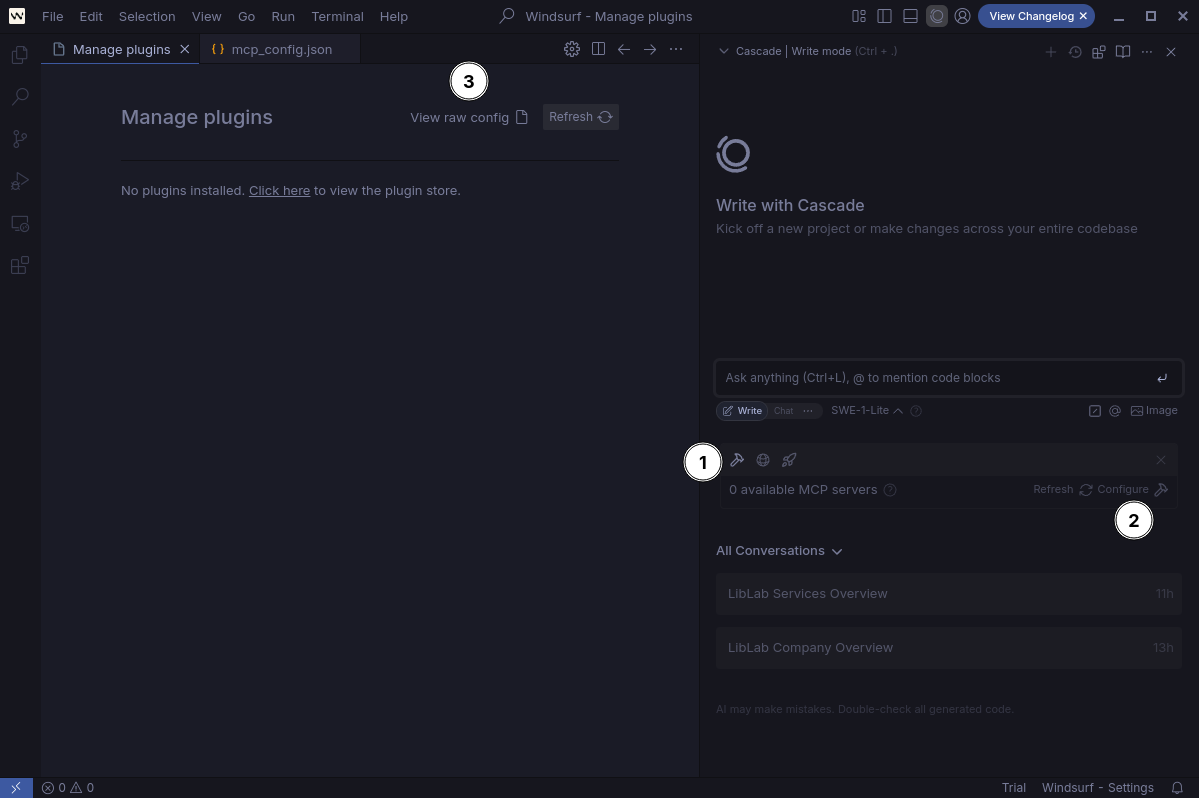 Steps to open the mcp_config.json file in Windsurf