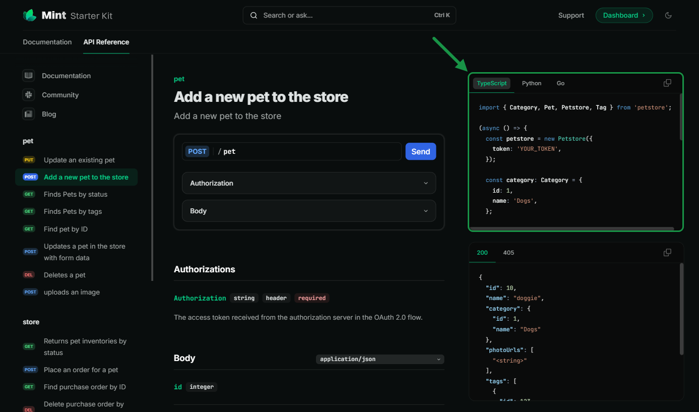 Documentation portal including the code snippets from the enhanced api spec