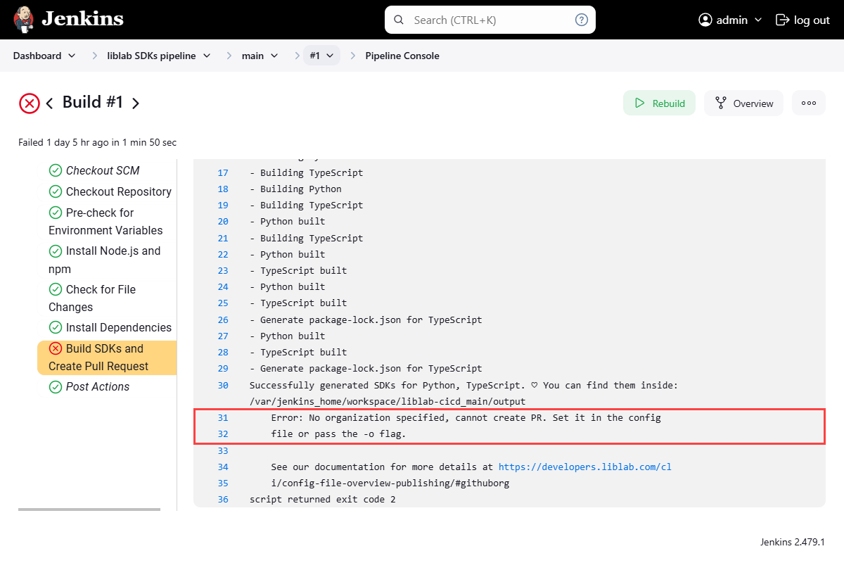 Jenkins pipeline console with error while building the SDKs and creating the pull request