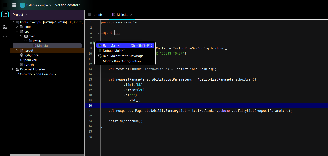 Execute the SDK example using the IntelliJ IDEA interface