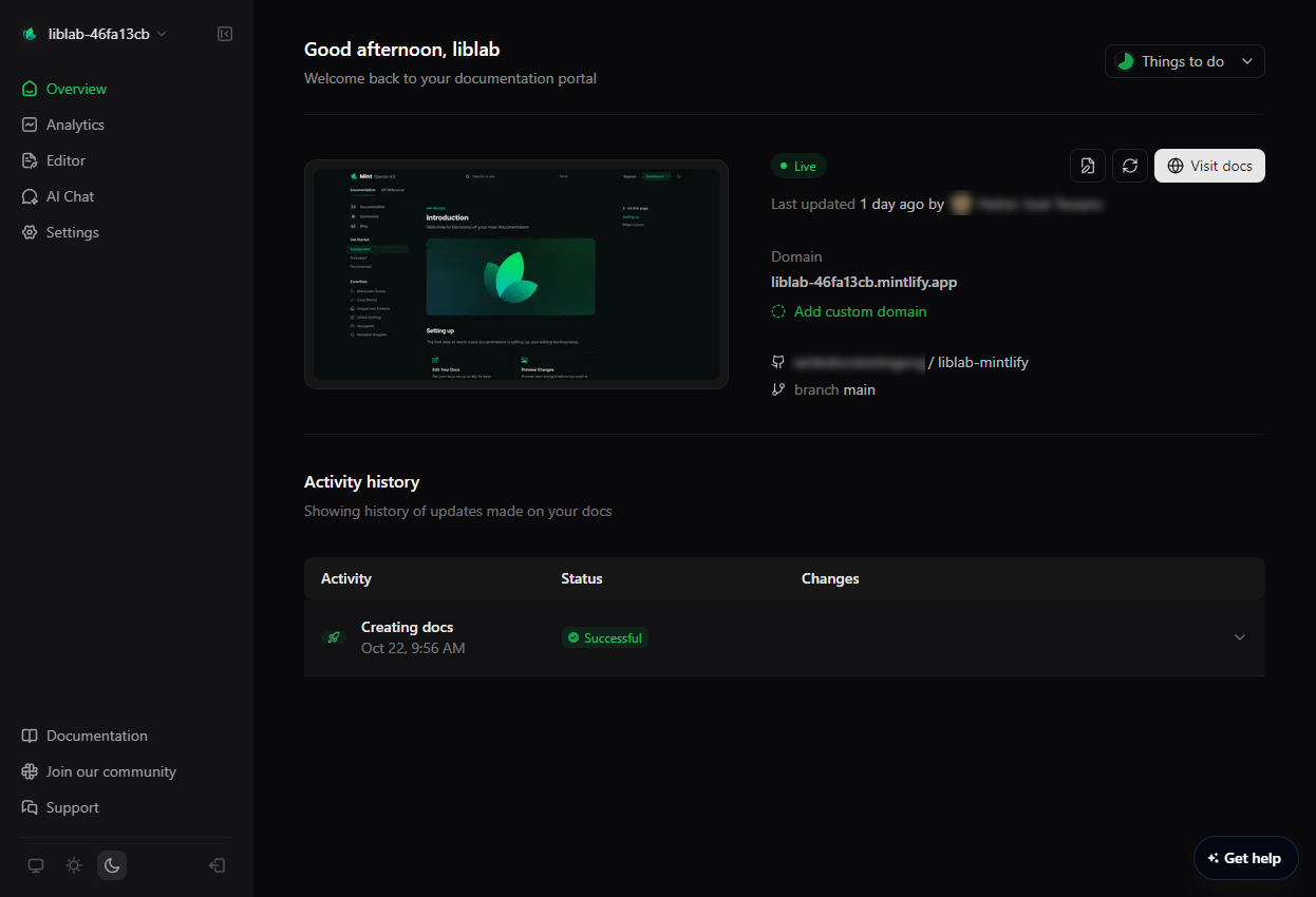 Mintlify dashboard