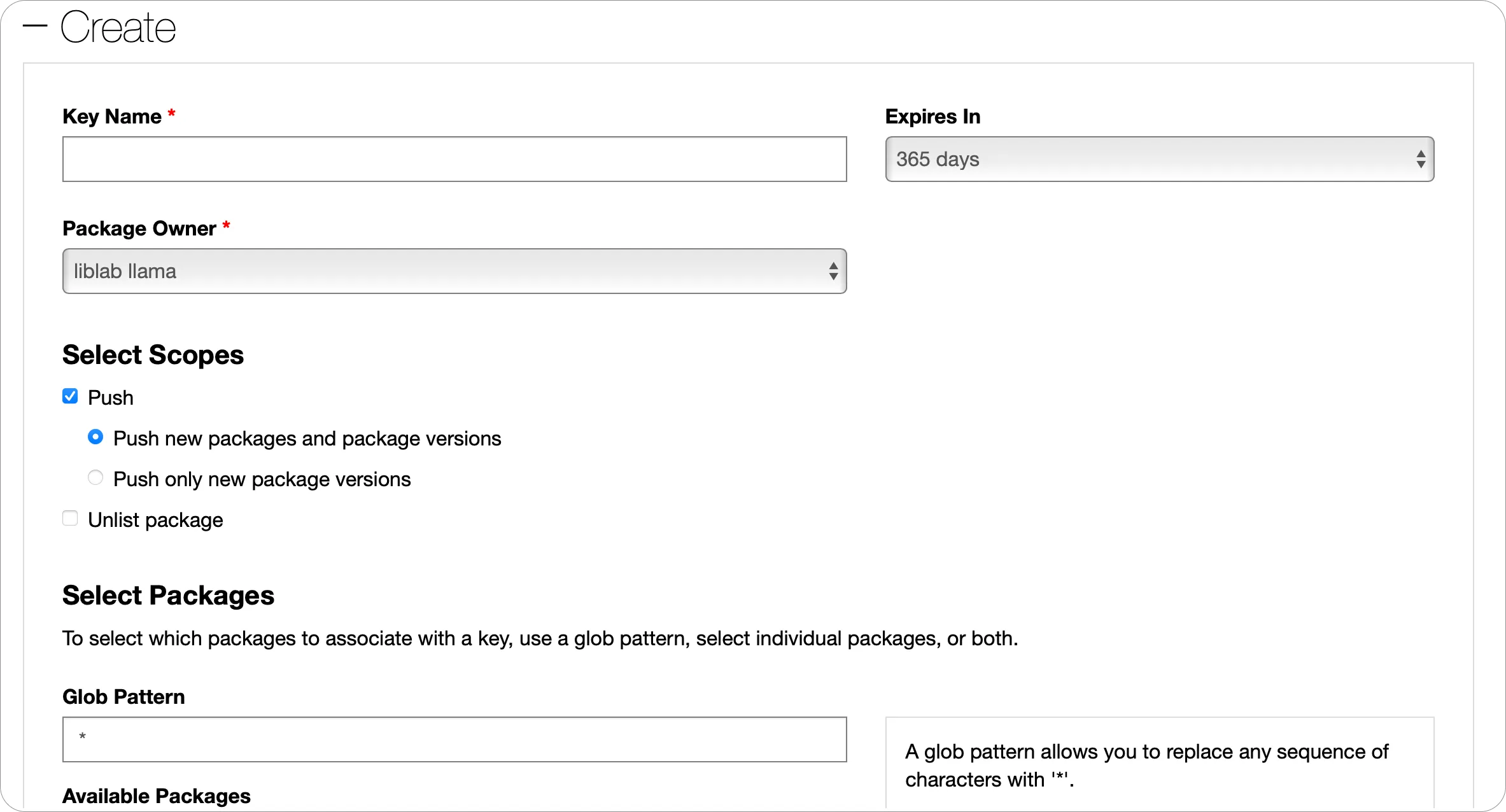 The nuget create dialog