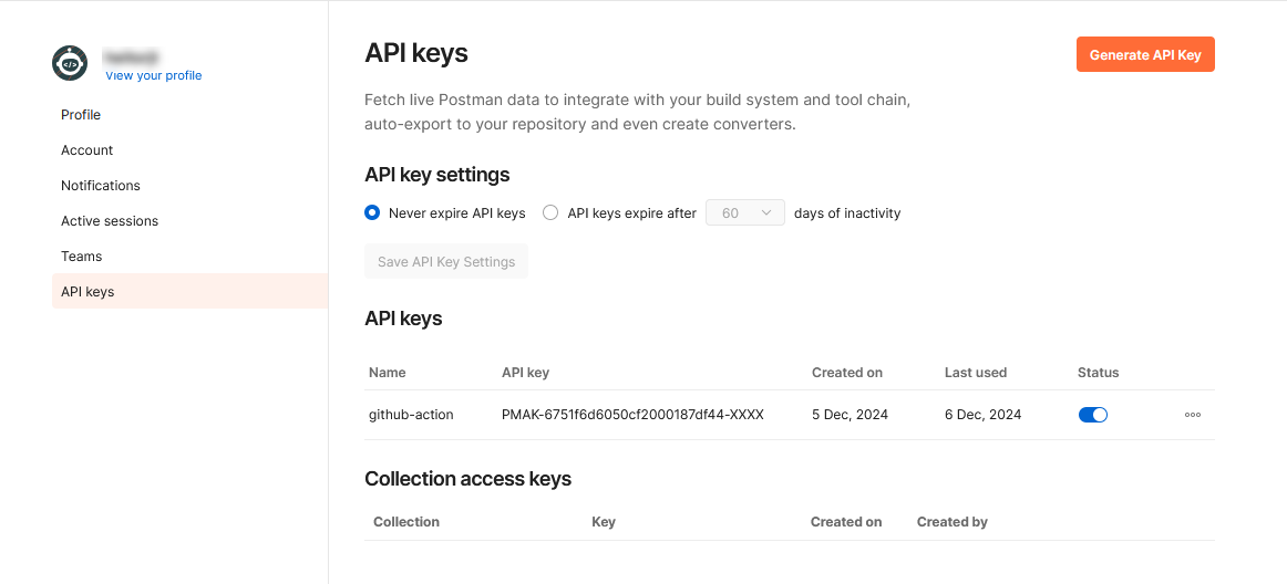 Final view of the Postman dashboard after generating API Key