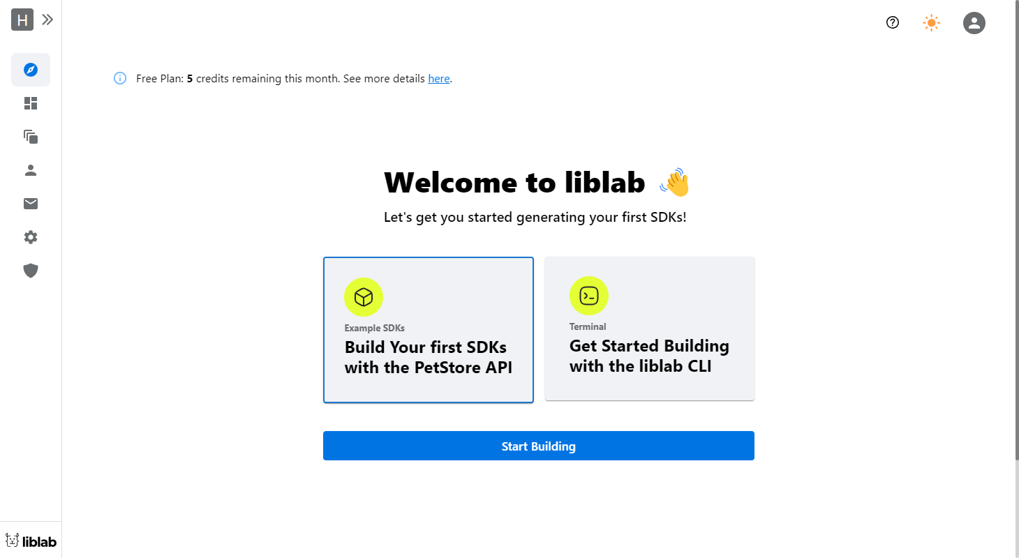 Welcome page liblab WebApp