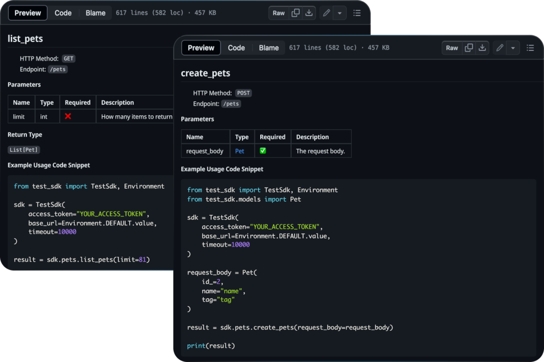 Documentation that allows your customers to quickly get started with your SDK, including SDK Code Snippet examples for authentication and every service method.