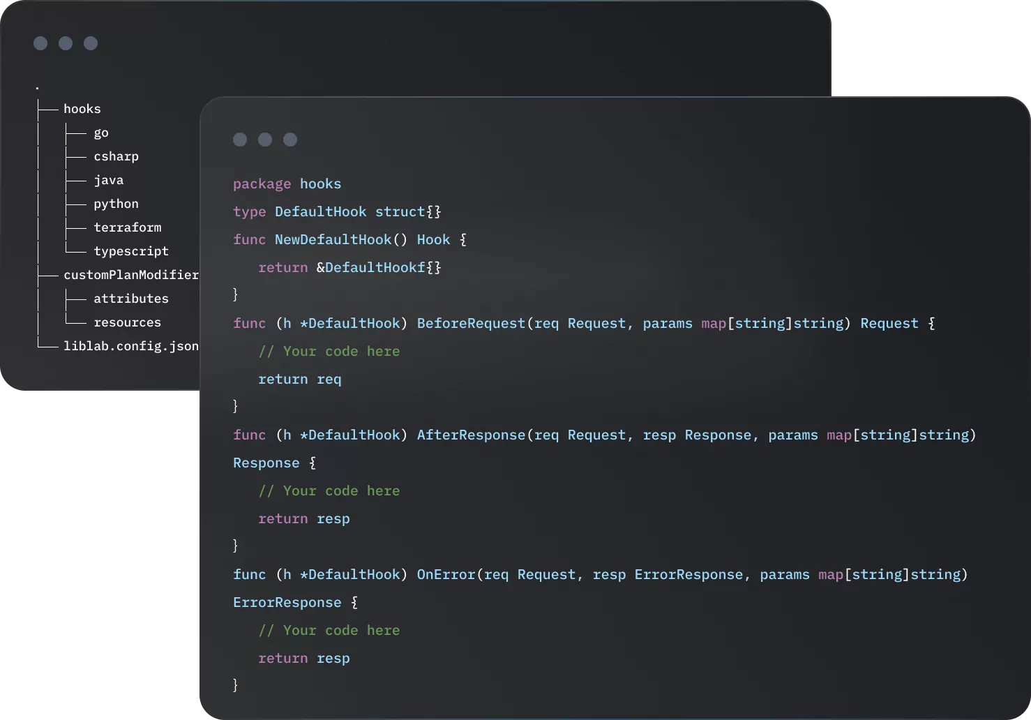 Inject custom code into your Terraform Provider using Hooks.